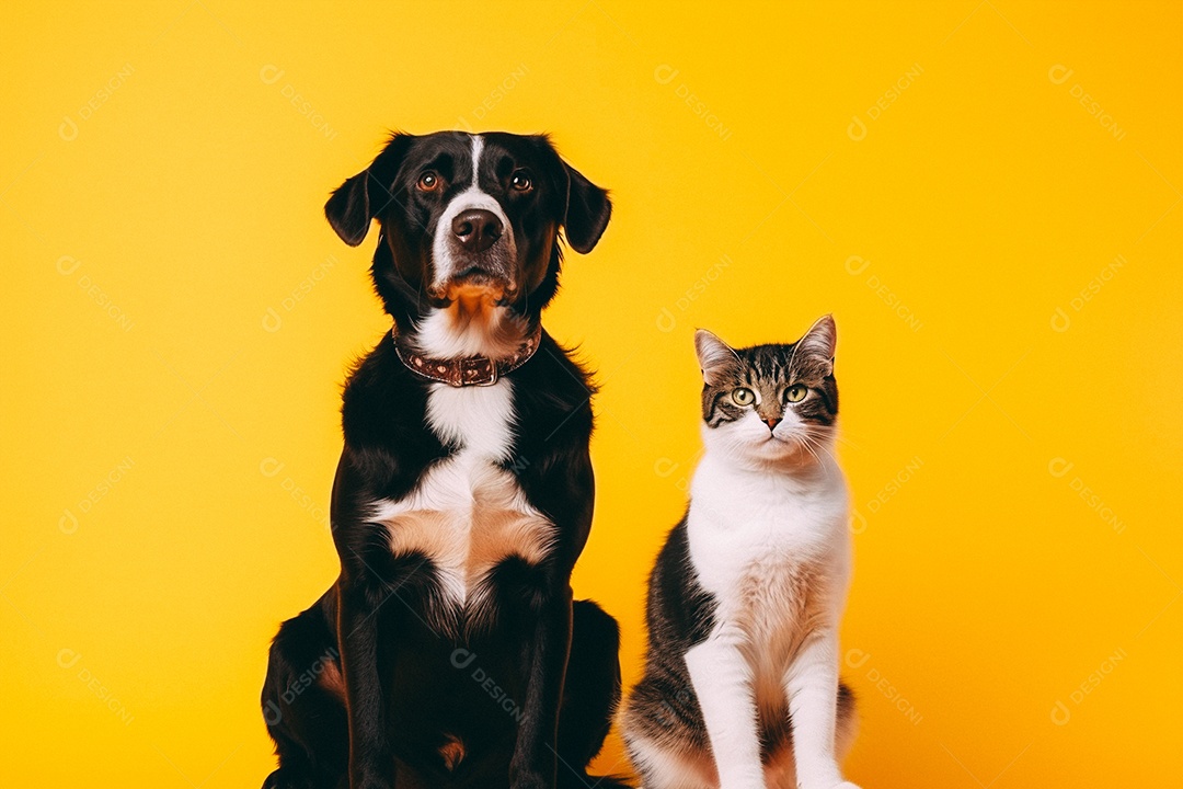 Cão e gato sentados para foto isolados no fundo amarelo do estúdio