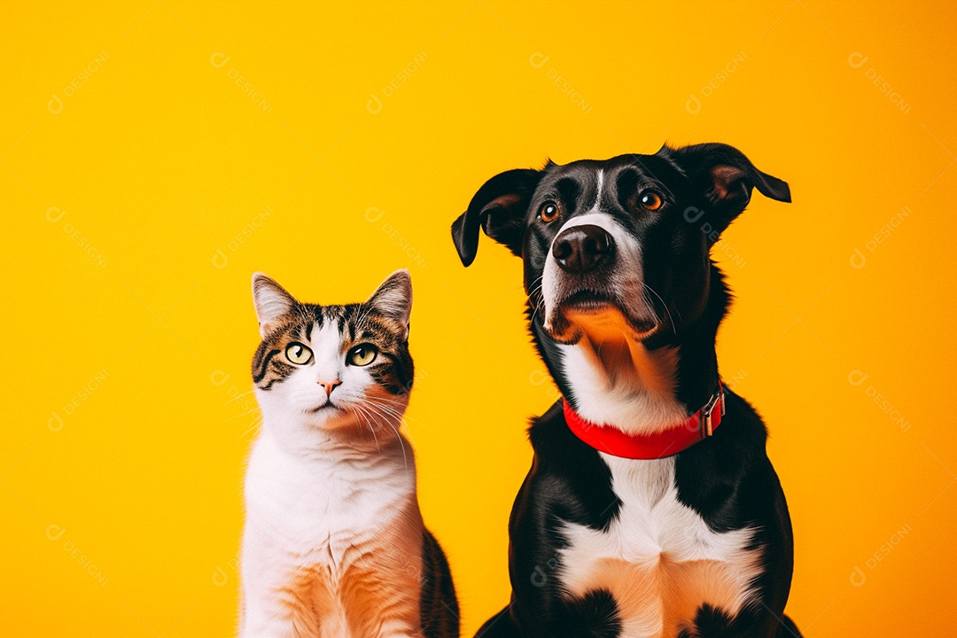 Cão e gato sentados para foto isolados no fundo amarelo do estúdio