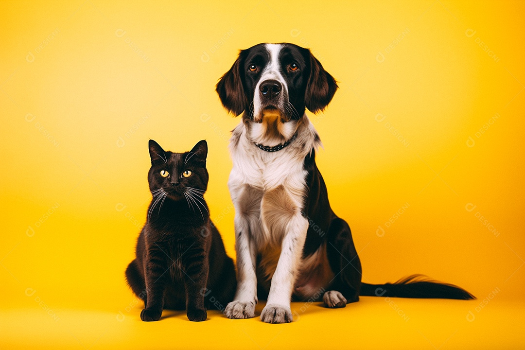 Cão e gato sentados para foto isolados no fundo amarelo do estúdio