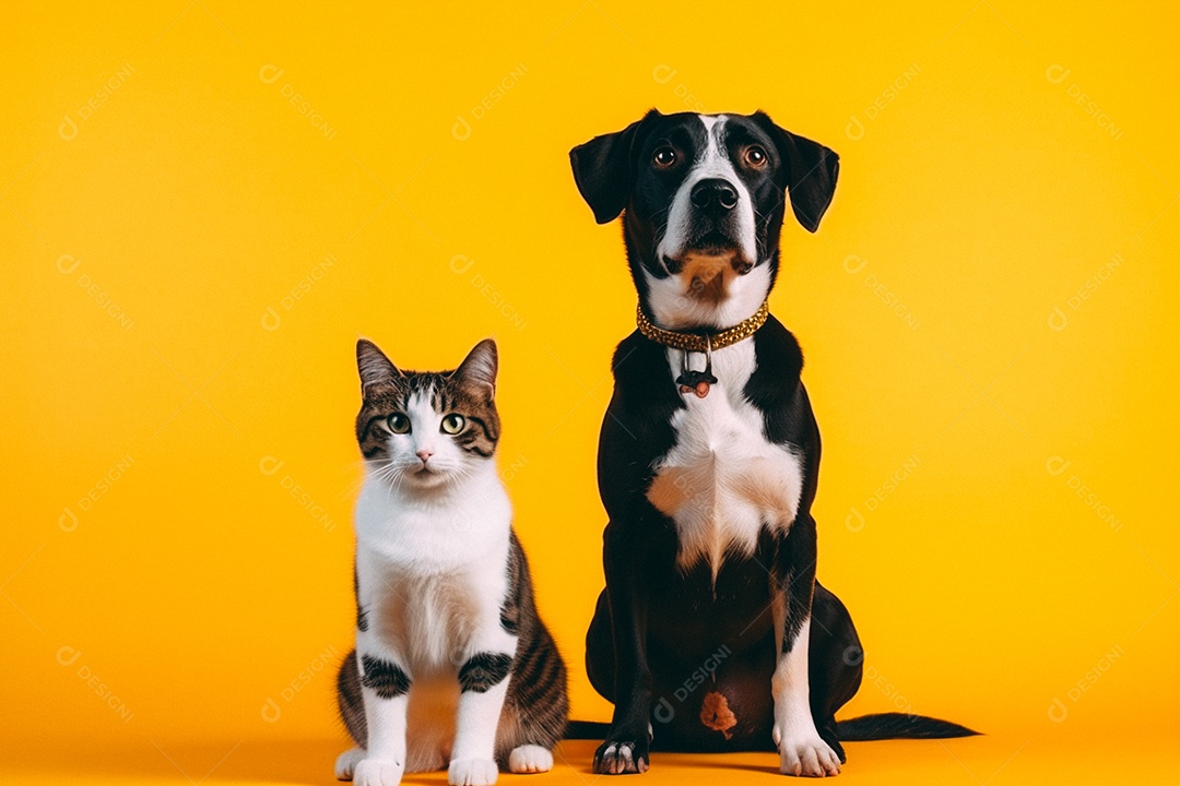 Cão e gato sentados para foto isolados no fundo amarelo do estúdio