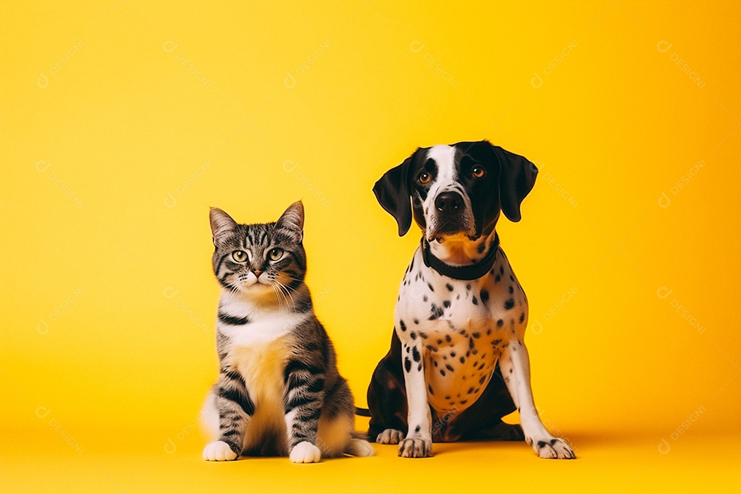 Cão e gato sentados para foto isolados no fundo amarelo do estúdio