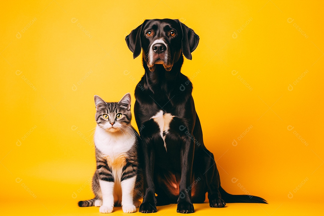 Cão e gato sentados para foto isolados no fundo amarelo do estúdio