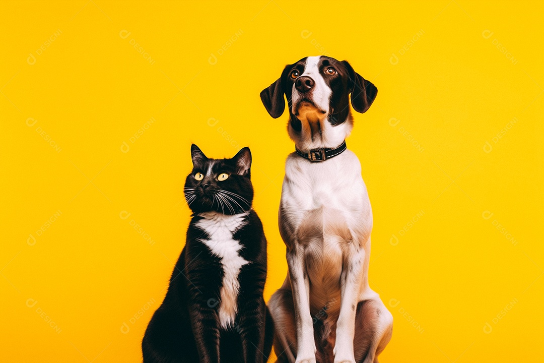 Cão e gato sentados para foto isolados no fundo amarelo do estúdio