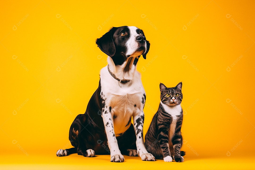 Cão e gato sentados para foto isolados no fundo amarelo do estúdio