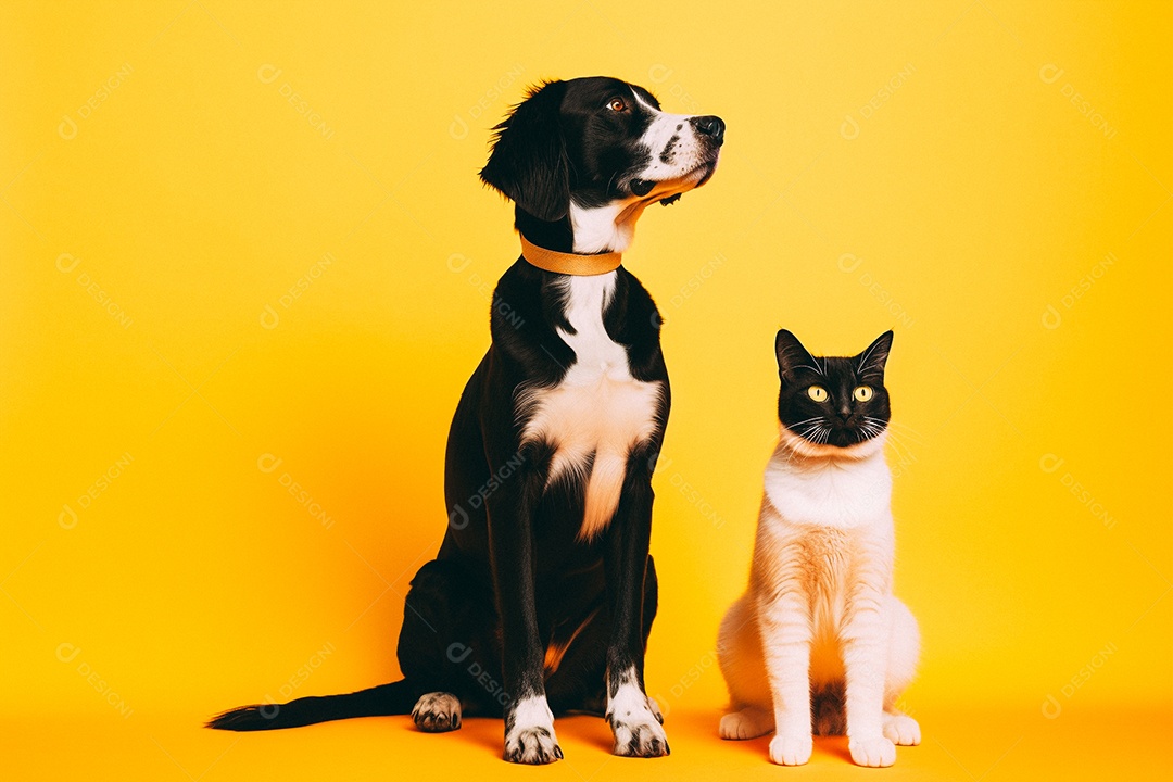 Cão e gato sentados para foto isolados no fundo amarelo do estúdio
