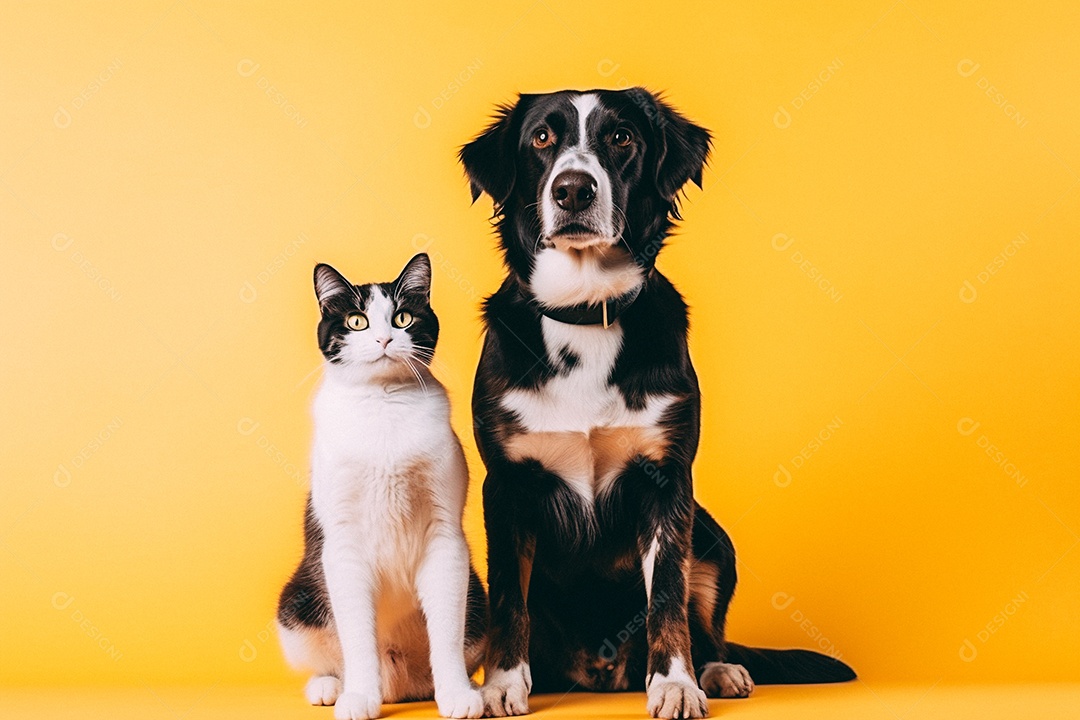 Cão e gato sentados para foto isolados no fundo amarelo do estúdio