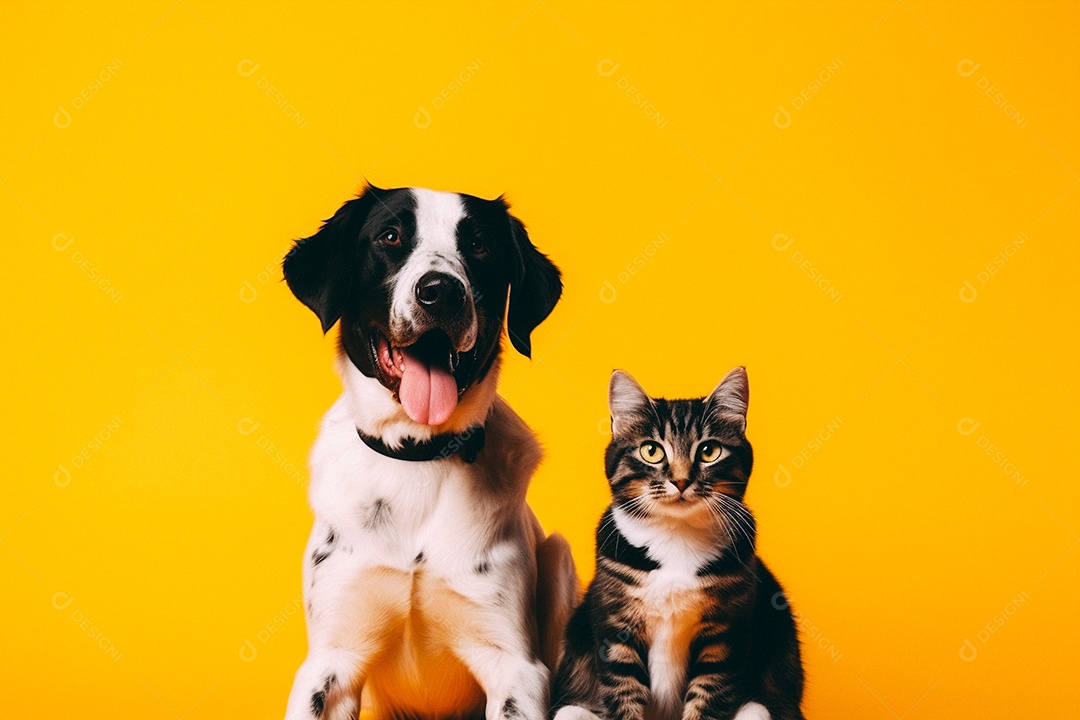 Cão e gato sentados para foto isolados no fundo amarelo do estúdio