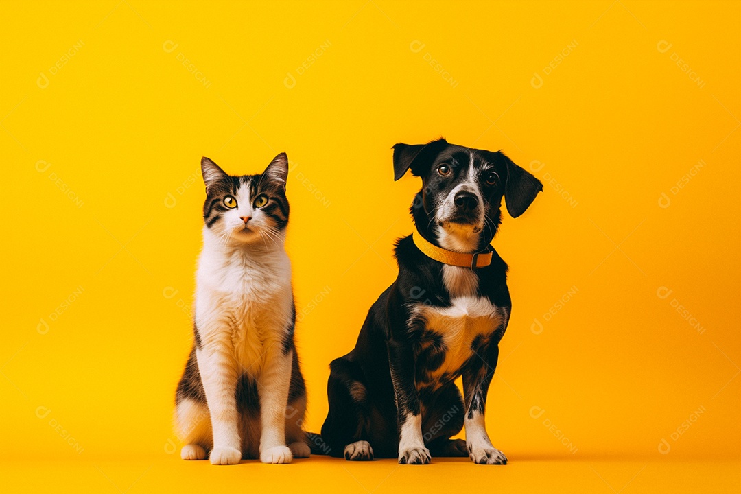 Cão e gato sentados para foto isolados no fundo amarelo do estúdio