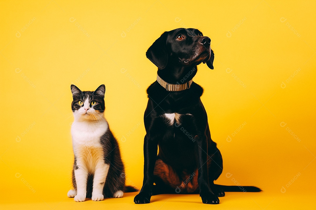 Cão e gato sentados para foto isolados no fundo amarelo do estúdio