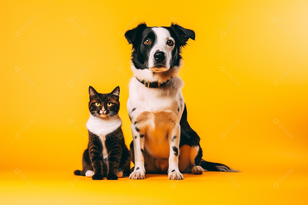 Cão e gato sentados para foto isolados no fundo amarelo do estúdio