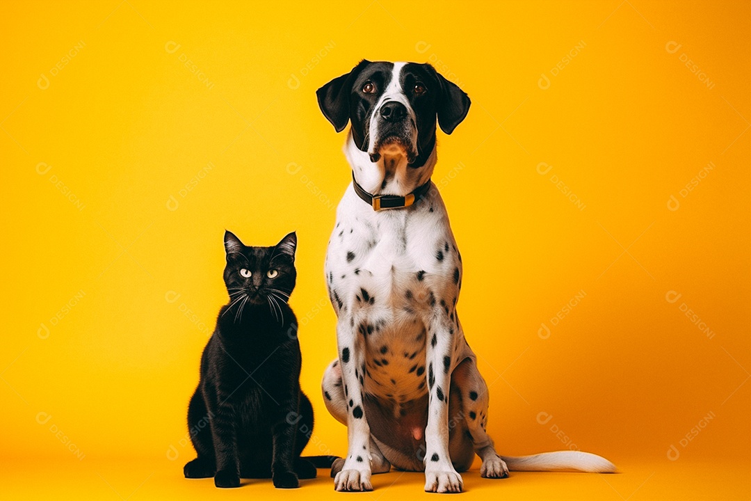 Cão e gato sentados para foto isolados no fundo amarelo do estúdio