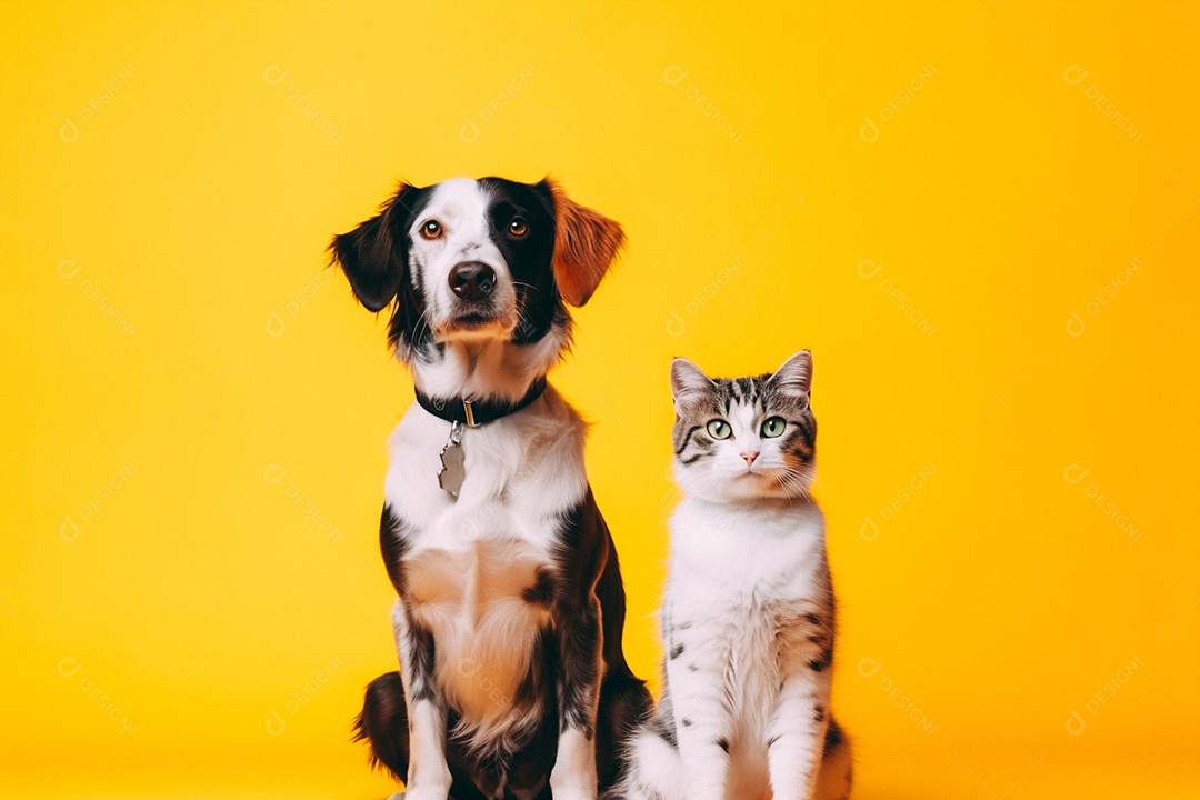Cão e gato sentados para foto isolados no fundo amarelo do estúdio