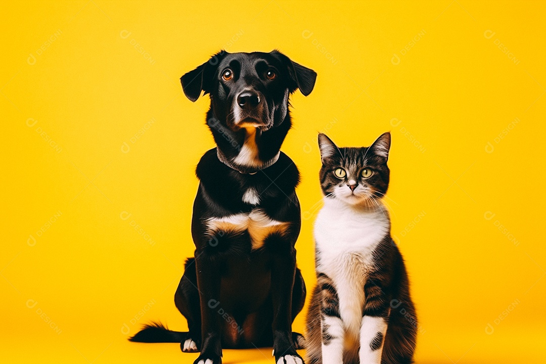 Cão e gato sentados para foto isolados no fundo amarelo do estúdio