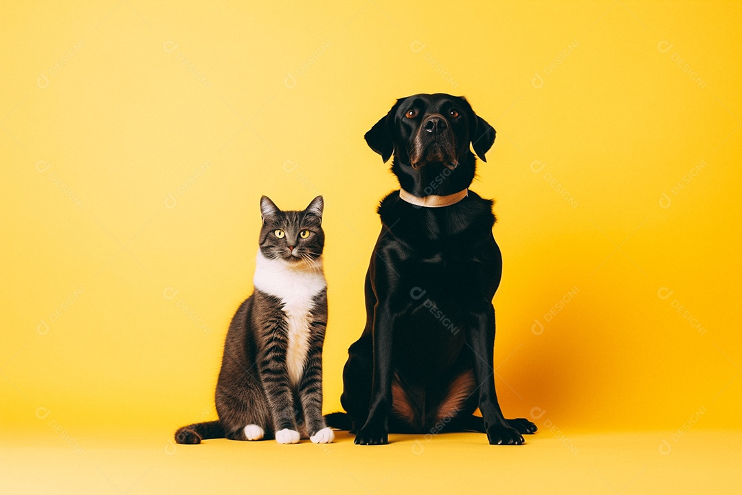 Cão e gato sentados para foto isolados no fundo amarelo do estúdio