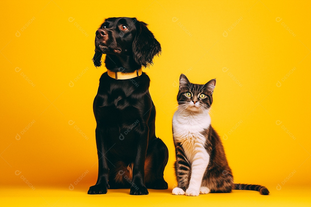 Cão e gato sentados para foto isolados no fundo amarelo do estúdio