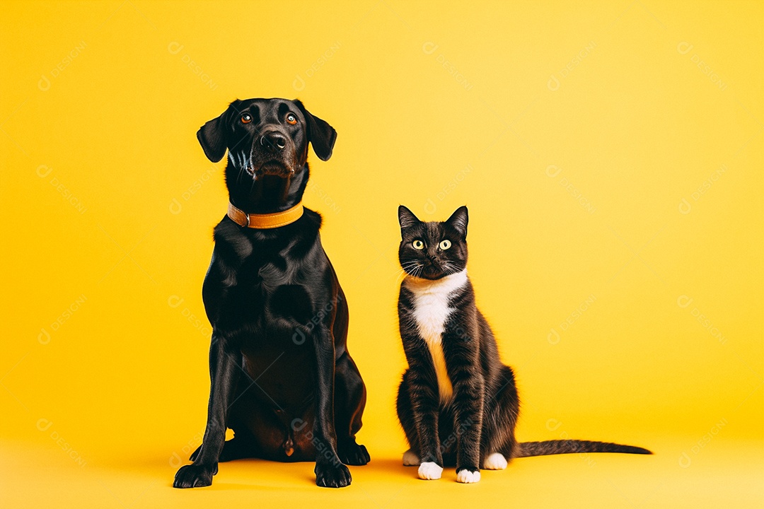 Cão e gato sentados para foto isolados no fundo amarelo do estúdio