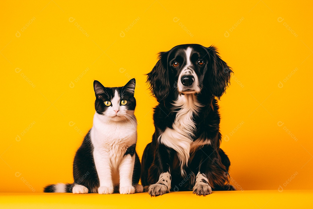 Cão e gato sentados para foto isolados no fundo amarelo do estúdio