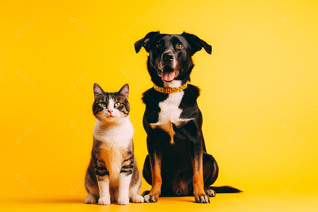 Cão e gato sentados para foto isolados no fundo amarelo do estúdio