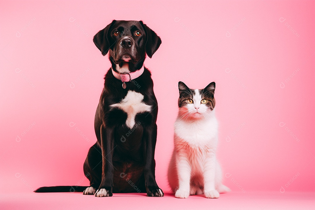 Cachorro e gato sentados para foto isolada no fundo colorido
