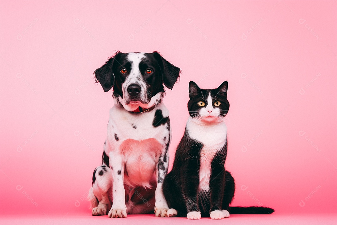 Cão e gato sentados para foto isolados no fundo vermelho do estúdio