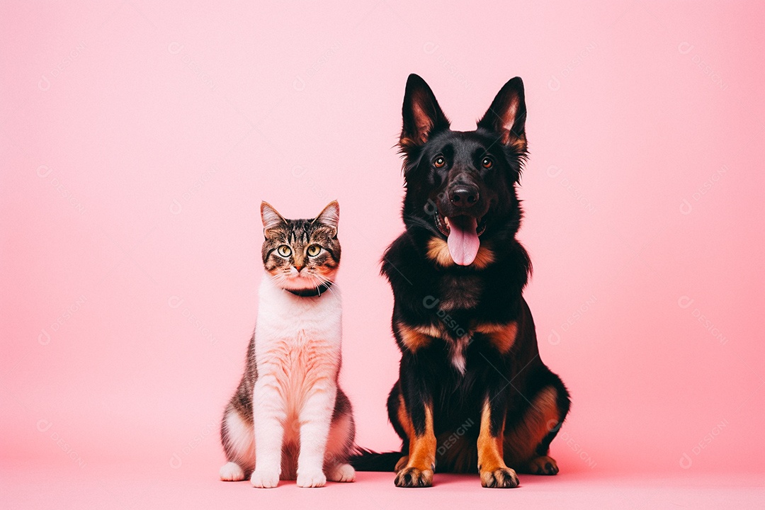 Cão e gato sentados para foto isolados no fundo vermelho do estúdio