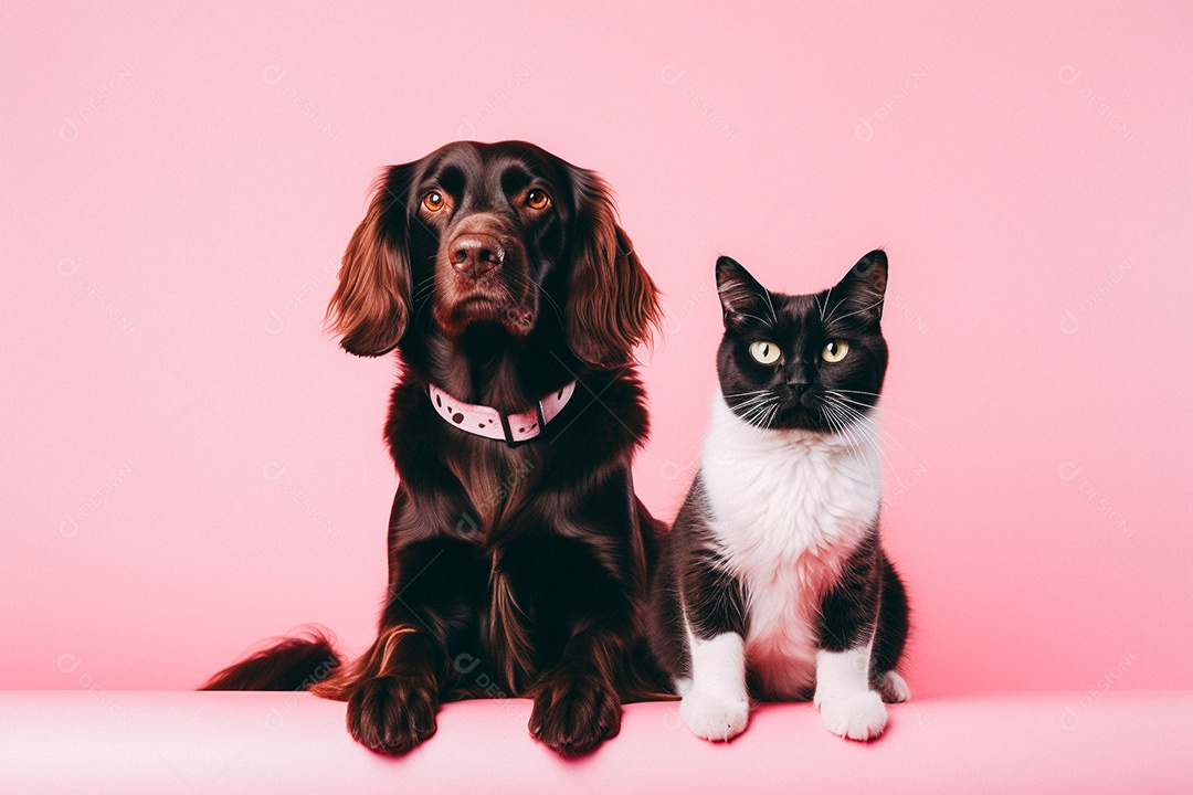 Cão e gato sentados para foto isolados no fundo vermelho do estúdio