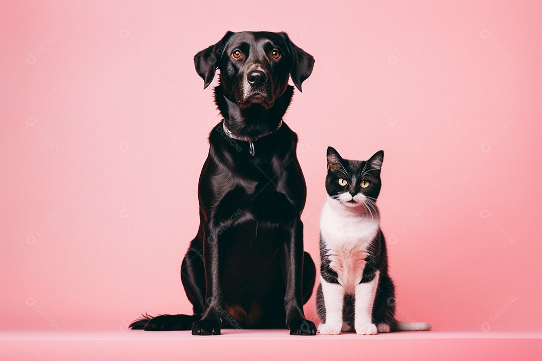 Cão e gato sentados para foto isolados no fundo vermelho do estúdio