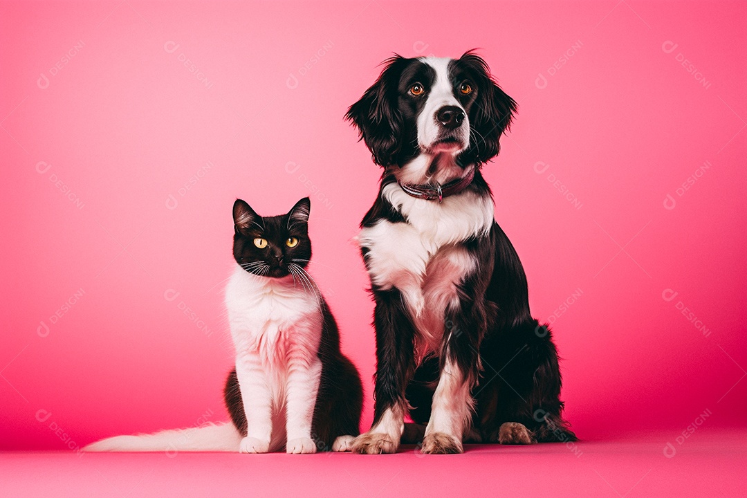 Cão e gato sentados para foto isolados no fundo vermelho do estúdio