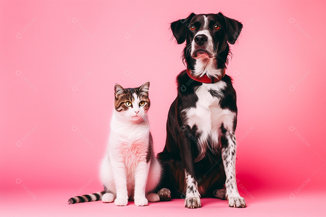 Cão e gato sentados para foto isolados no fundo vermelho do estúdio