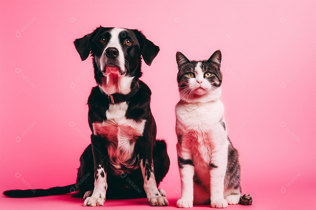 Cão e gato sentados para foto isolados no fundo vermelho do estúdio