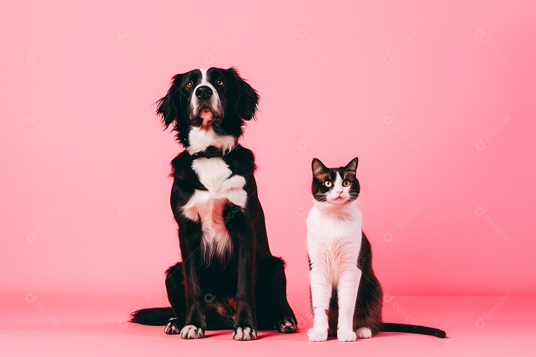 Cão e gato sentados para foto isolados no fundo vermelho do estúdio