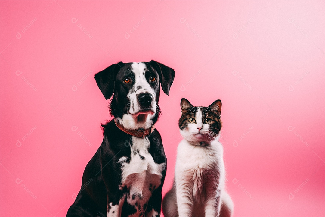 Cão e gato sentados para foto isolados no fundo vermelho do estúdio