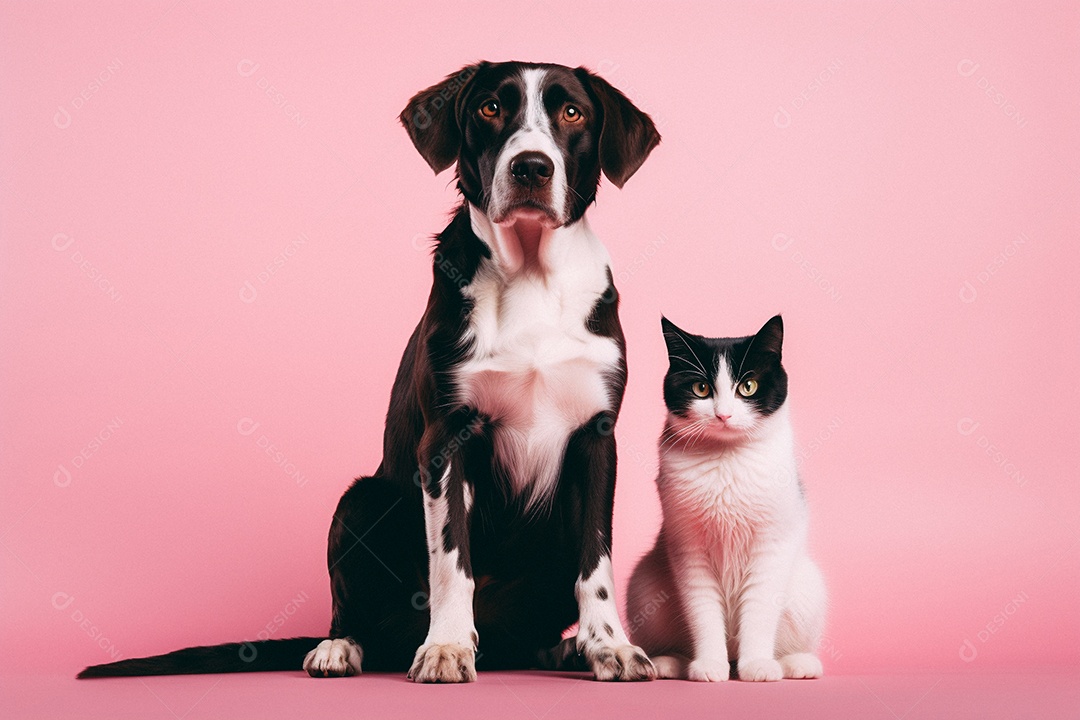 Cão e gato sentados para foto isolados no fundo vermelho do estúdio