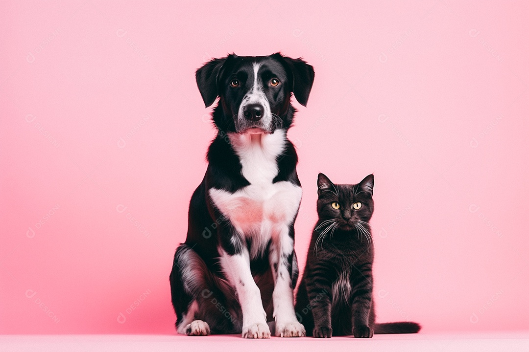 Cão e gato sentados para foto isolados no fundo vermelho do estúdio