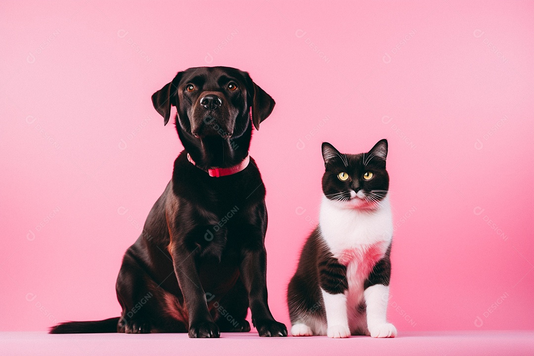 Cão e gato sentados para foto isolados no fundo vermelho do estúdio