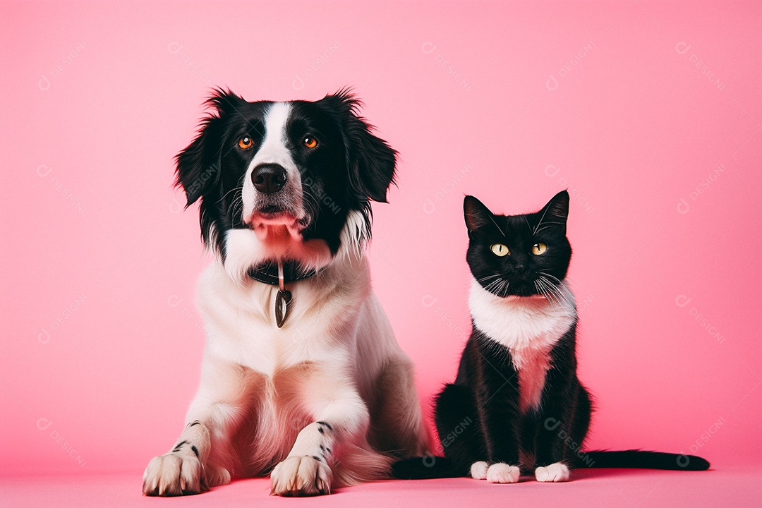 Cão e gato sentados para foto isolados no fundo vermelho do estúdio