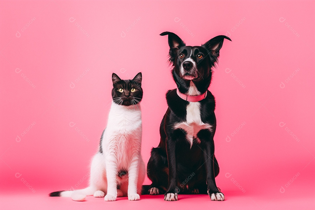 Cão e gato sentados para foto isolados no fundo vermelho do estúdio