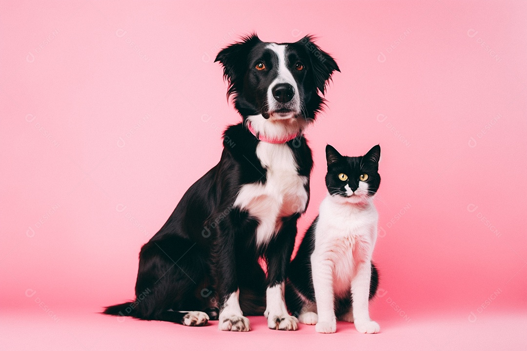 Cão e gato sentados para foto isolados no fundo vermelho do estúdio