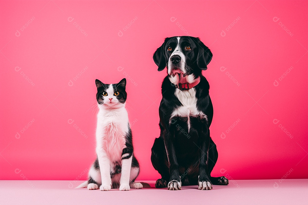 Cão e gato sentados para foto isolados no fundo vermelho do estúdio