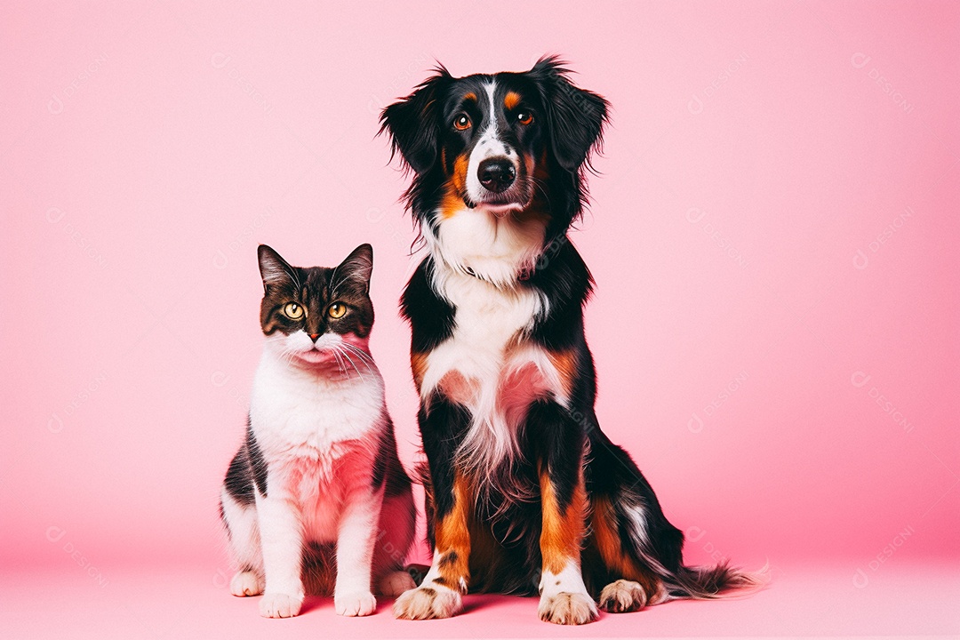 Cão e gato sentados para foto isolados no fundo vermelho do estúdio
