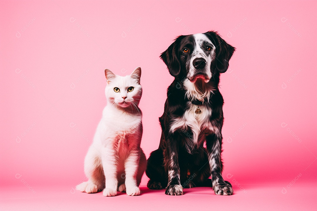 Cão e gato sentados para foto isolados no fundo vermelho do estúdio