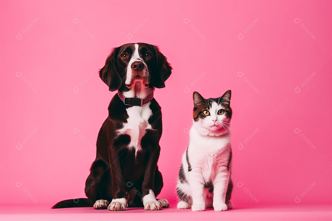 Cão e gato sentados para foto isolados no fundo vermelho do estúdio