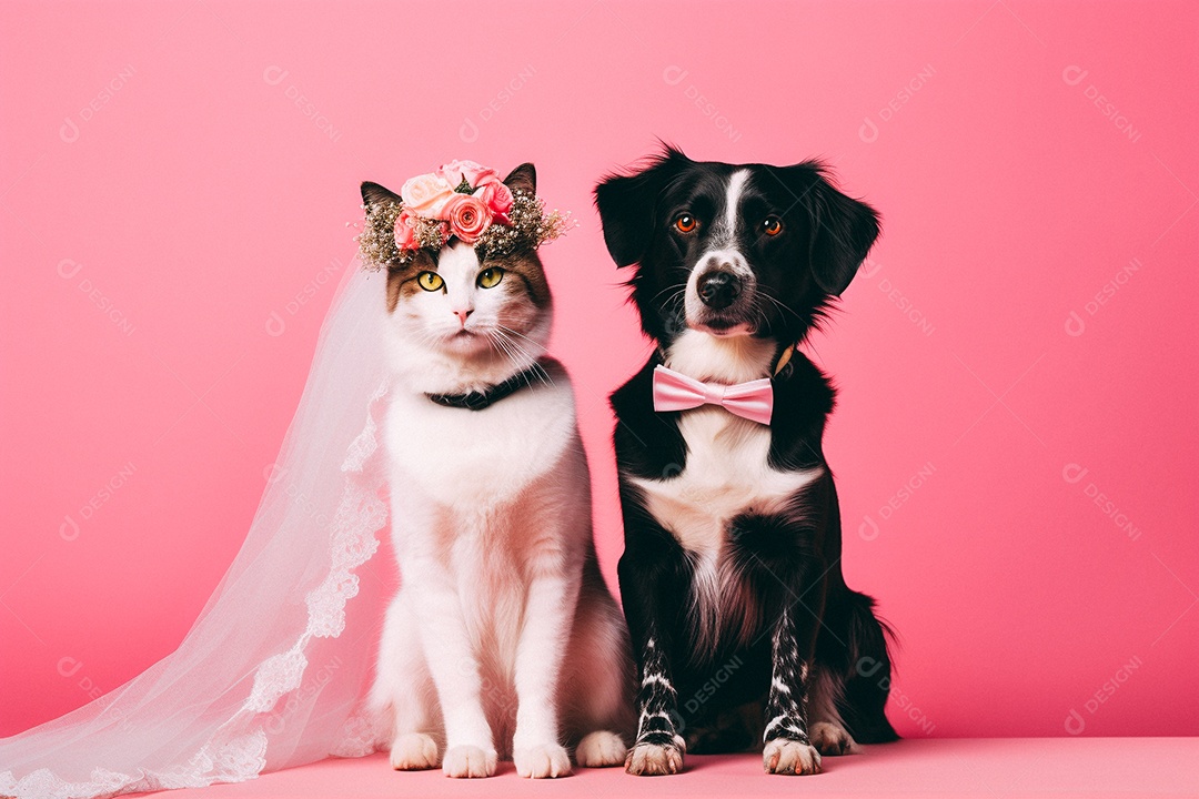 Cão e gato sentados para foto isolados no fundo vermelho do estúdio