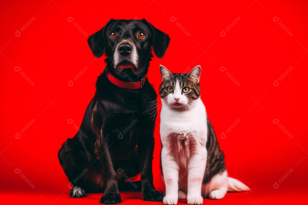 Cão e gato sentados para foto isolados no fundo vermelho do estúdio