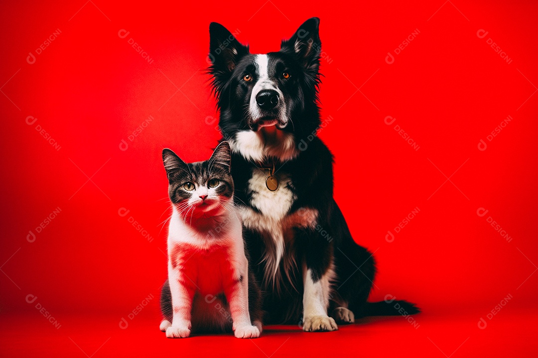 Cão e gato sentados para foto isolados no fundo vermelho do estúdio