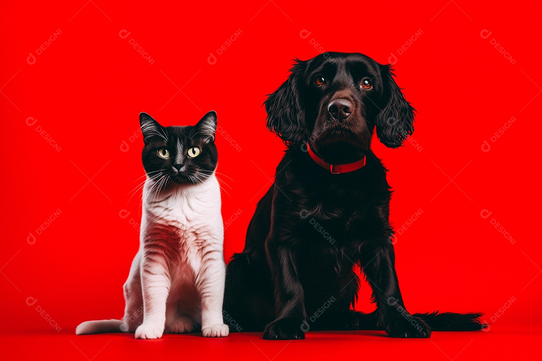 Cão e gato sentados para foto isolados no fundo vermelho do estúdio