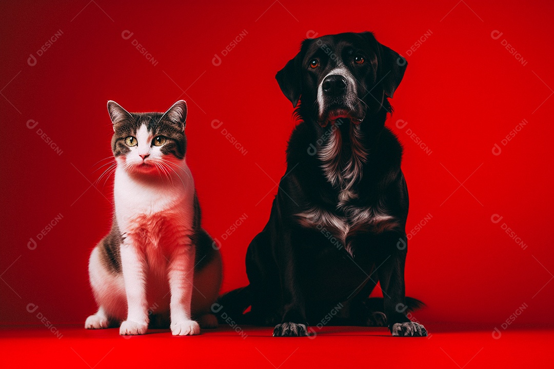 Cão e gato sentados para foto isolados no fundo vermelho do estúdio