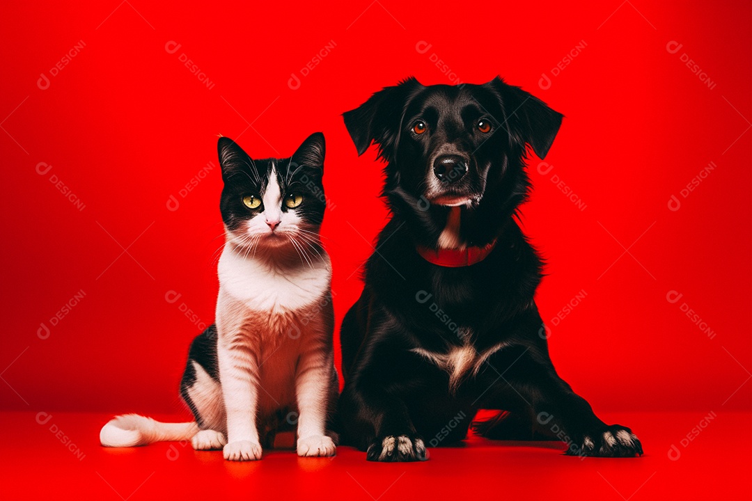 Cão e gato sentados para foto isolados no fundo vermelho do estúdio