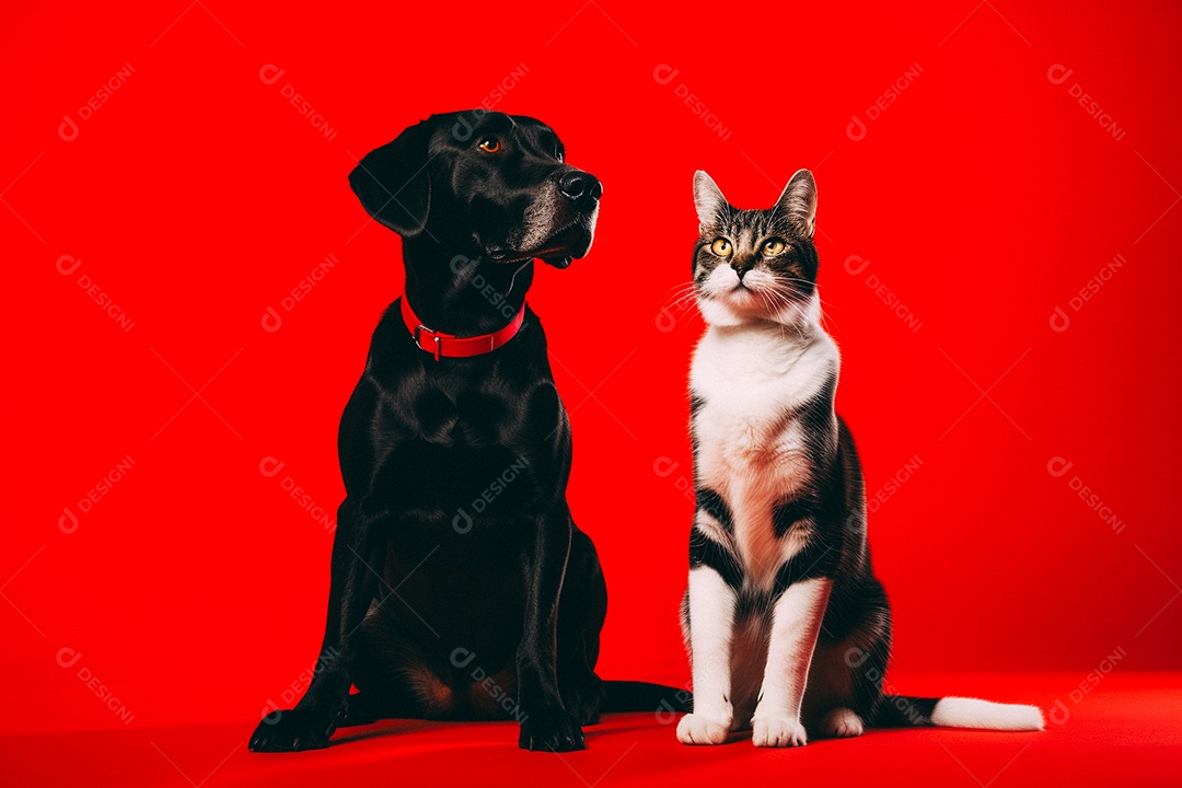 Cão e gato sentados para foto isolados no fundo vermelho do estúdio
