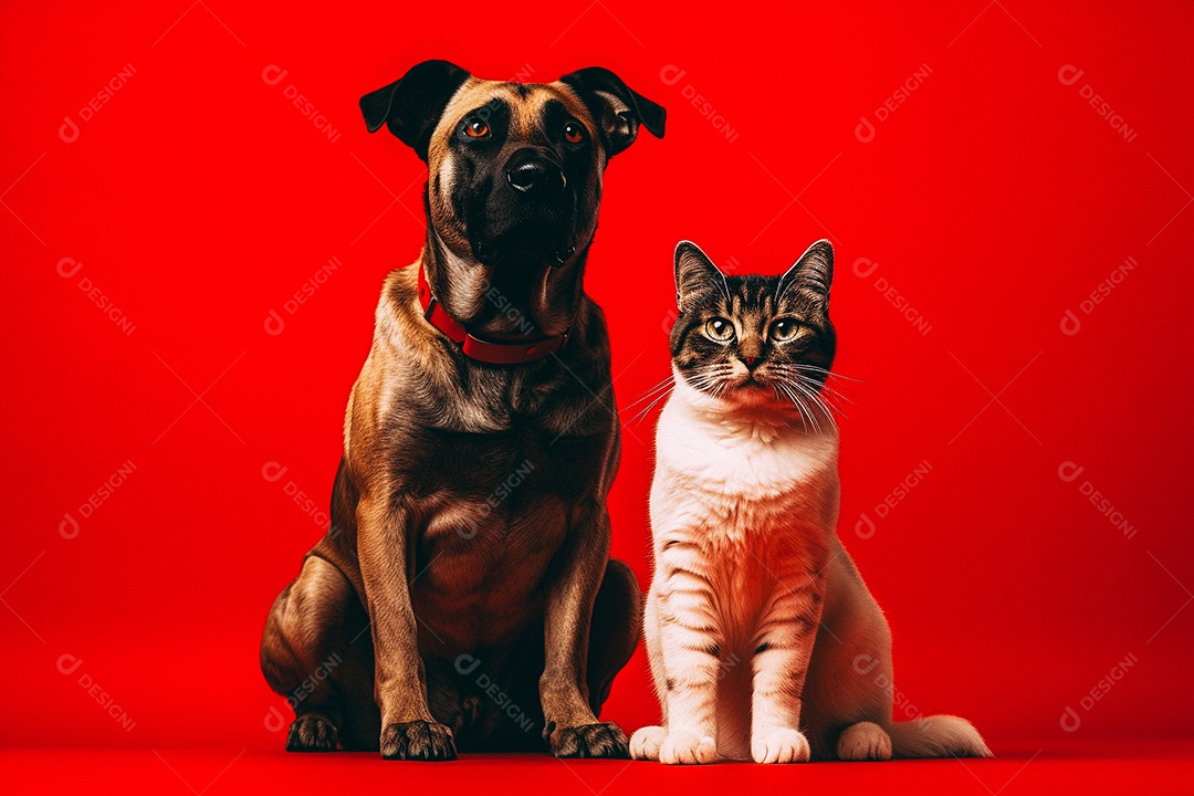 Cão e gato sentados para foto isolados no fundo vermelho do estúdio